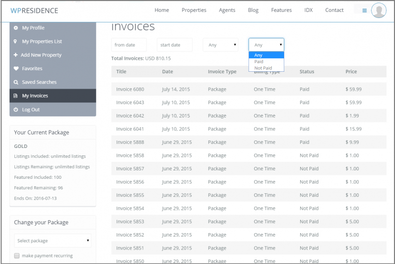 Invoices Feature WP Redidence theme